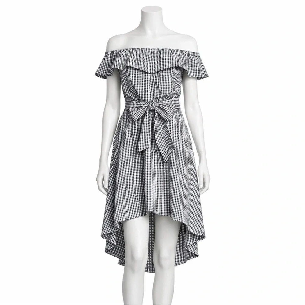Saks Fifth Avenue Gingham Off-Shoulder Hi-Low Dress Tie Waist Black White M